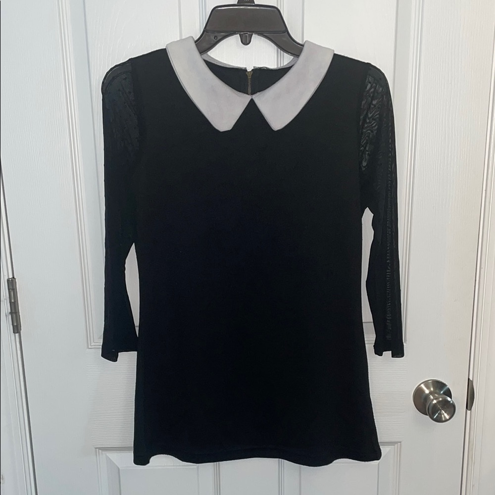 ICONIC Wednesday Adams Black Blouse with White Collar and Sheer Sleeves